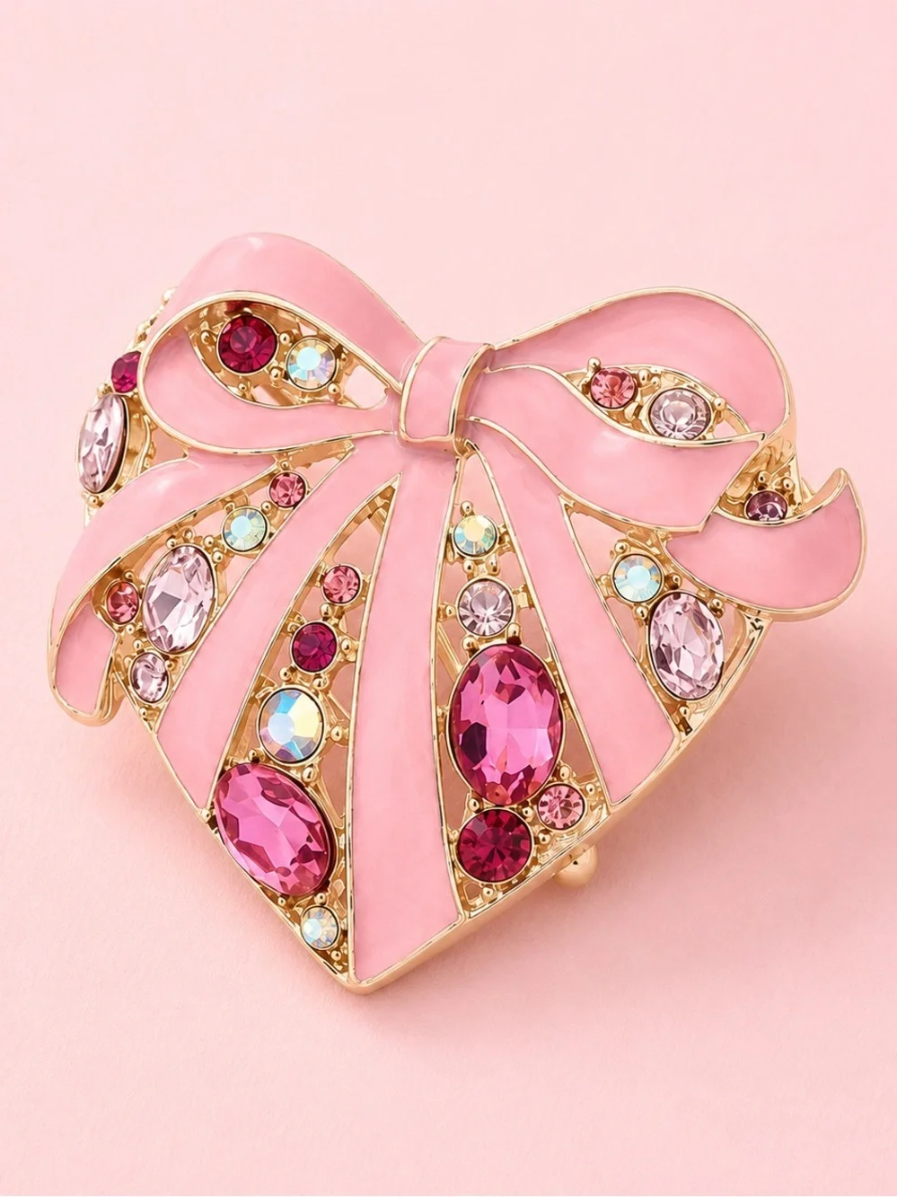 Pink Bow Heart Crystal Brooch